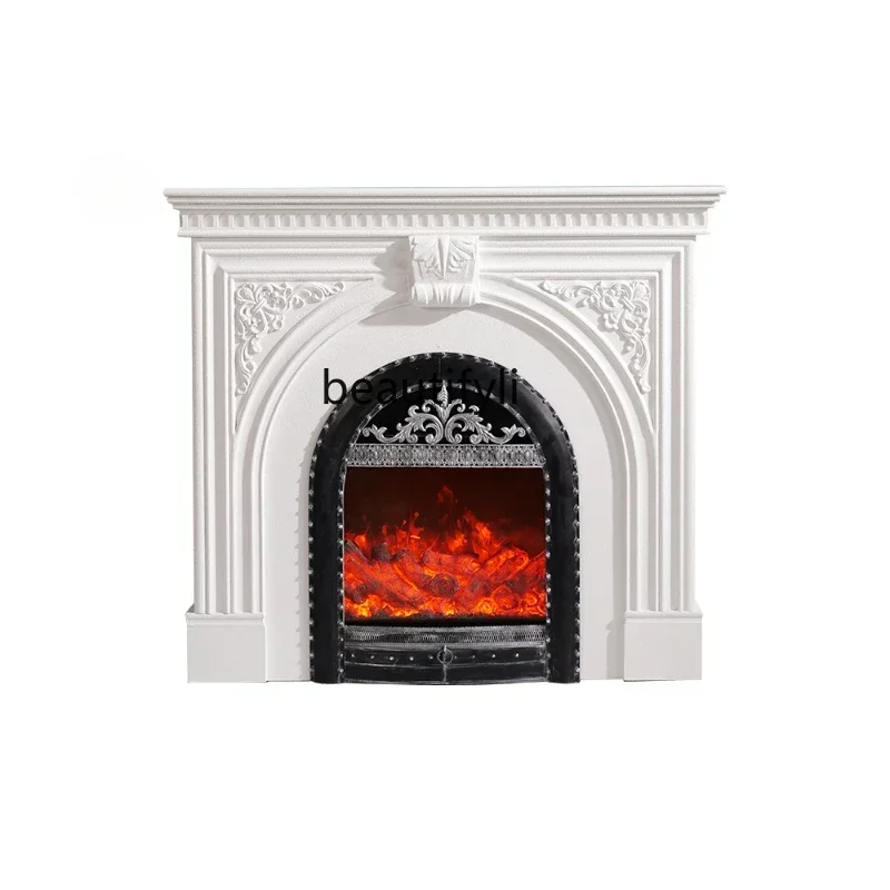 French carved fireplace simulation fire solid wood arched door TV background wall living room decorative cabinet furniture