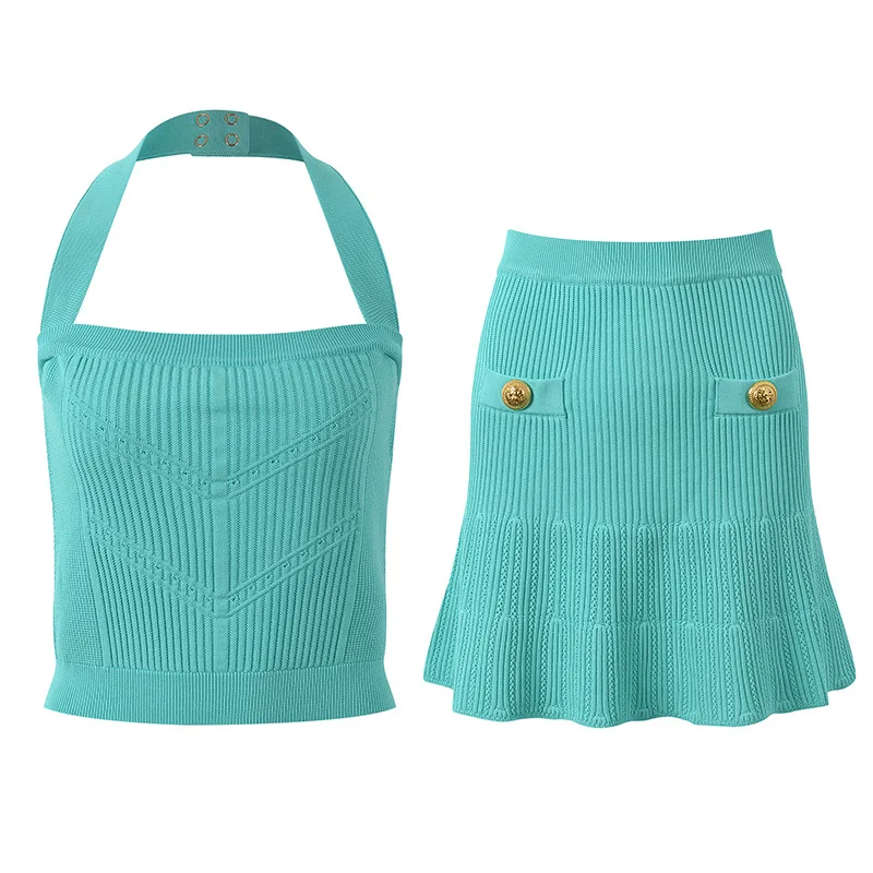 

Knitted skirt set Xia Xin hanging neck knitted vest top + ruffled skirt set women