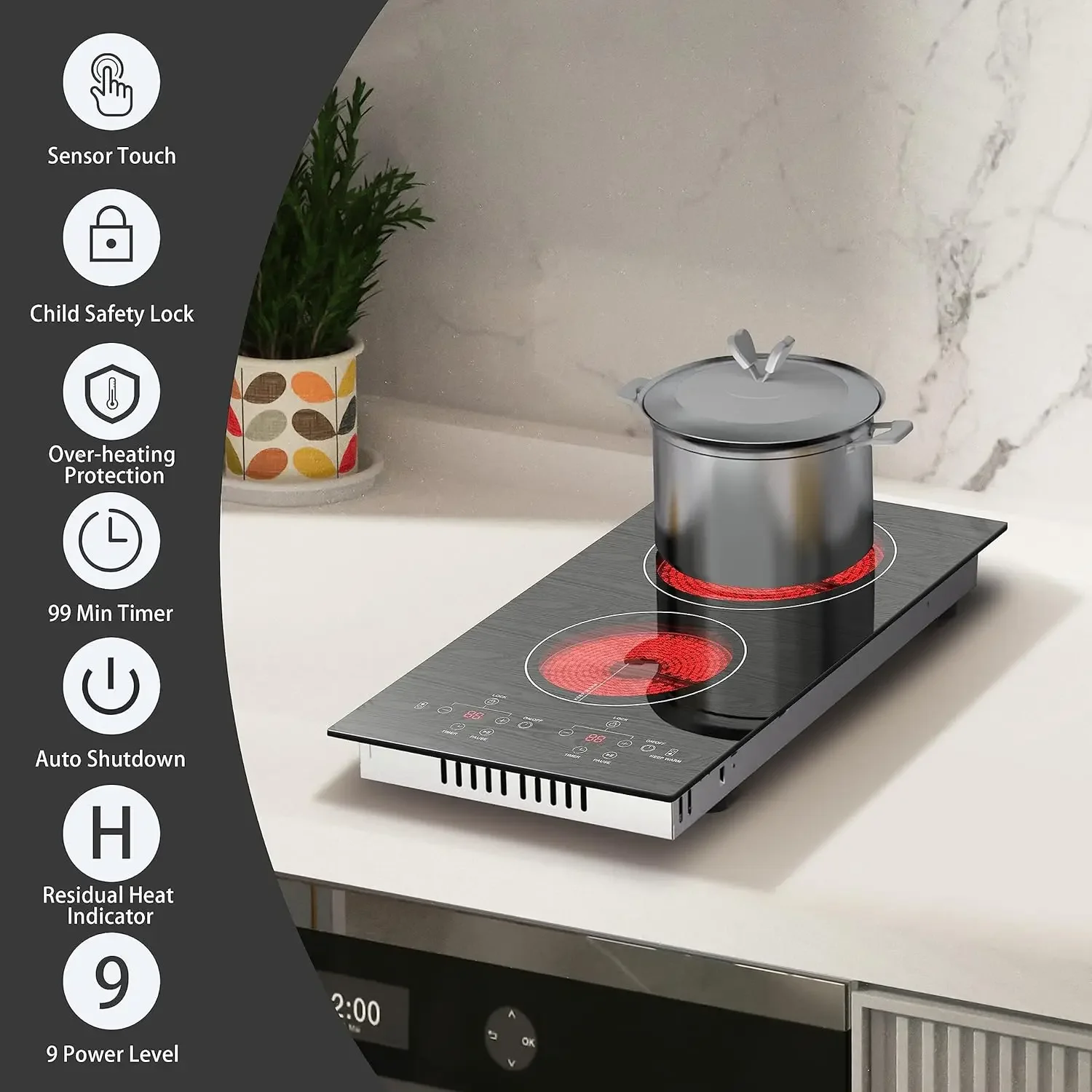 Portable  Cooktop 2 Burners, 110v Plug in  Stove Top, Countertop Use or Built-in Install, 12'' Ceramic