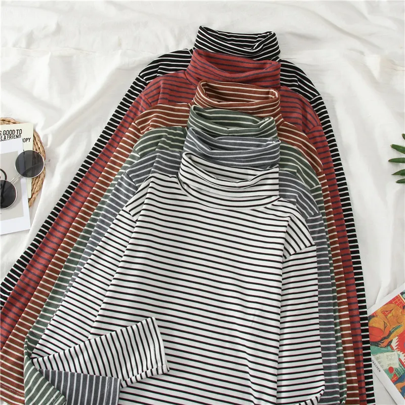 Slim Fit Long Sve T-irt Women's Faionable Striped f High Collar Base irt Spring Autumn 2023 New Sle Bla Top