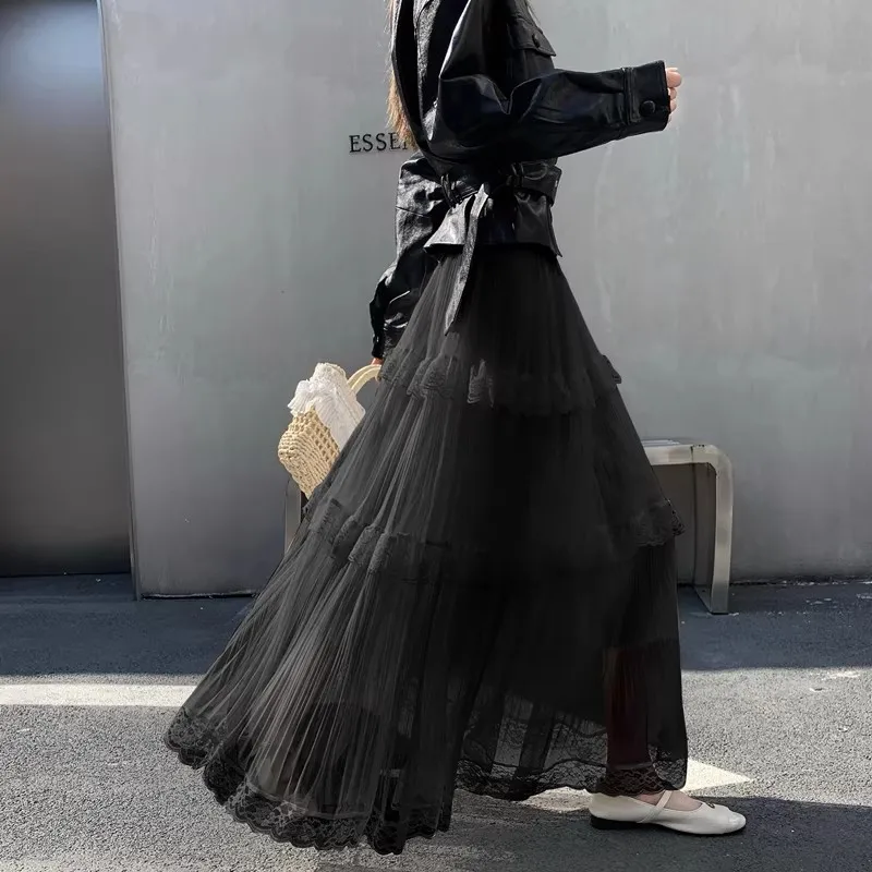 Retro Süßer Weißer Langer Rock für Damen, Lässiger Lockerer Rock mit Hoher Taille, Eleganter Vintage-Rock mit Spitzenbesatz, Koreanischer Sommer-Langrock – Detail 8