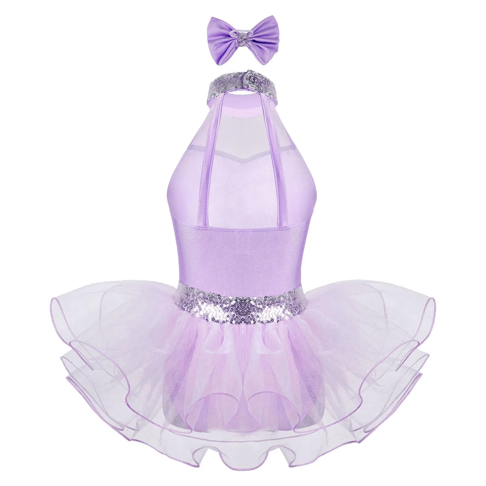 Sequins Ballet Dress Kids Girls Rhinestone Ballerina Tutu Mesh Dress Bowknot Sleeveless Dancer Gymnastics Leotard Dancewear