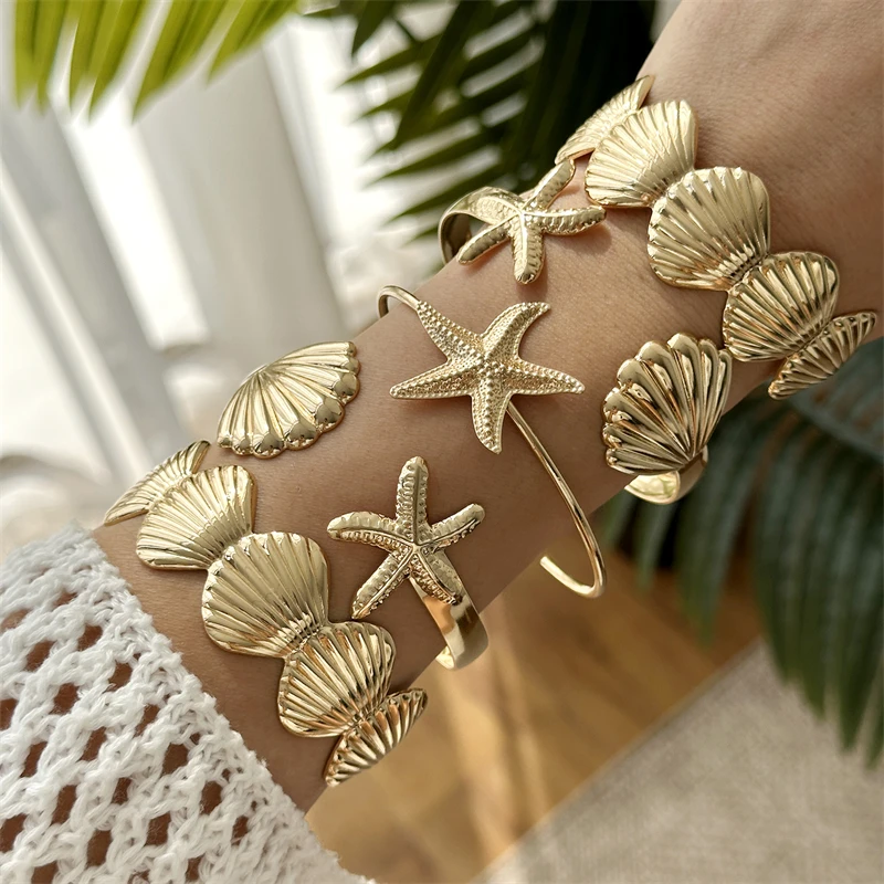 

5Pcs/Set Exaggerated Starfish Shell Wide Cuff Bangle for Women Gold Color Sea Star Scallop Open Bracelet Beach Party Jewelry