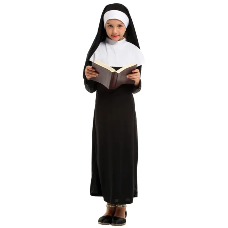 Girls Christian Catholic Religion Missionary Nun Black Costume Child Halloween Book Week Purim Party Fantasy Fancy Dress