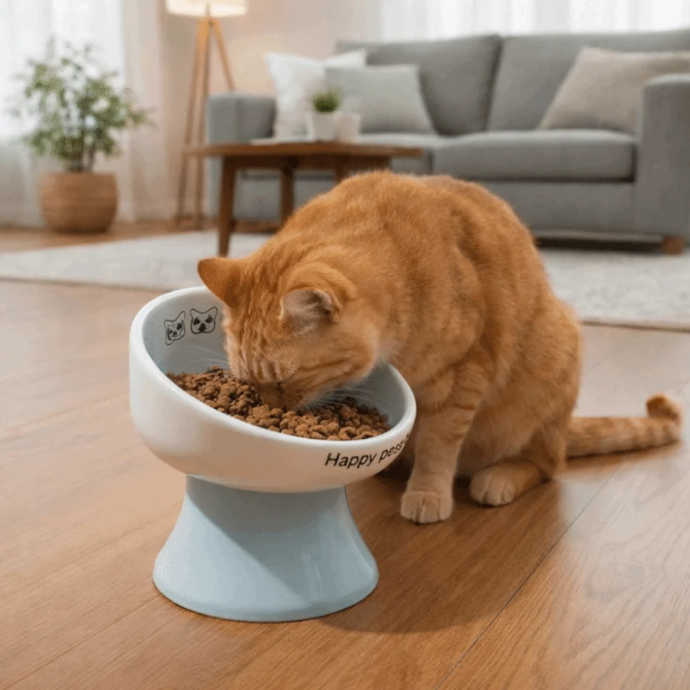 

Large Capacity Ceramic Cat Bowl Cartoon Pattern Not Wet Mouth Anti Spill Pet Bowl High Footed Neck Protector Cat Water Food Bowl