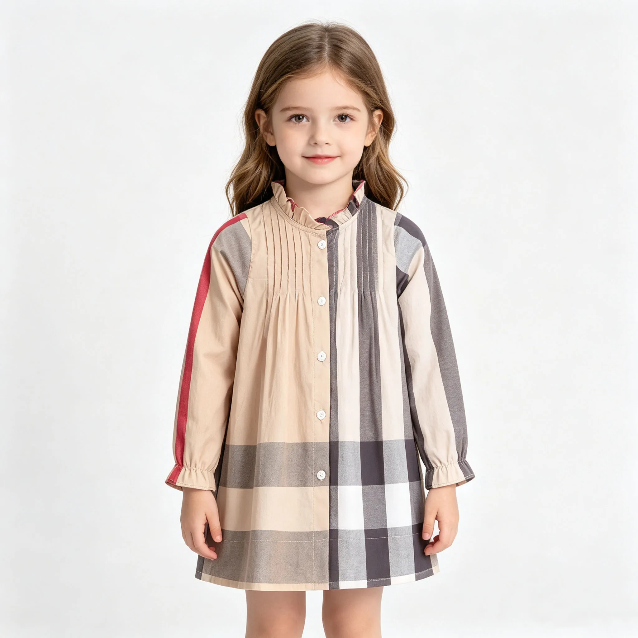 Spring  Autumn Toddler Girl Plaid Long Sleeve Dress Ruffled Stand Collar Button Front Pleated Casual A-Line Dress  Little Girls