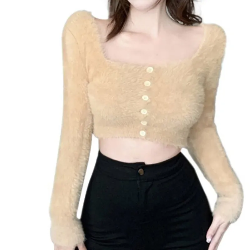 Women's Cardigan Square Neck Expose Navel Lint Knitted Long Sleeves Cardigan Top Korean Version Solid Color