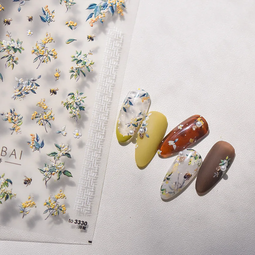 1 stks 5D Mooie Bloem Nail Art Stickers Pioen Osmanthus Jasmijn Acryl Nageldecoratie Decals Hoge Kwaliteit Nail Stickers