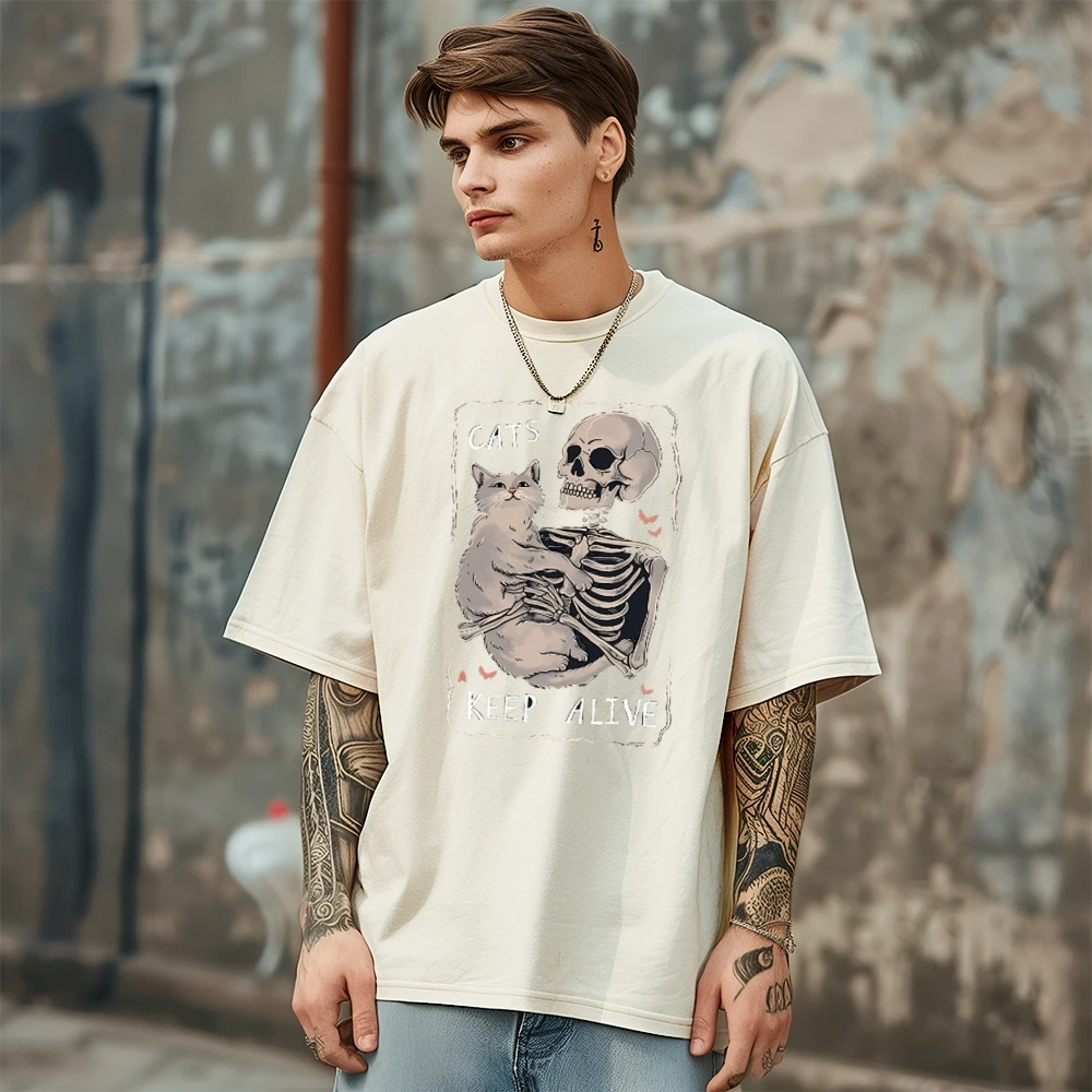 Round Neck T-shirt Easter Elemental Style Meow Print Loose Version Washed Denim Fitness Short Sleeves European and American