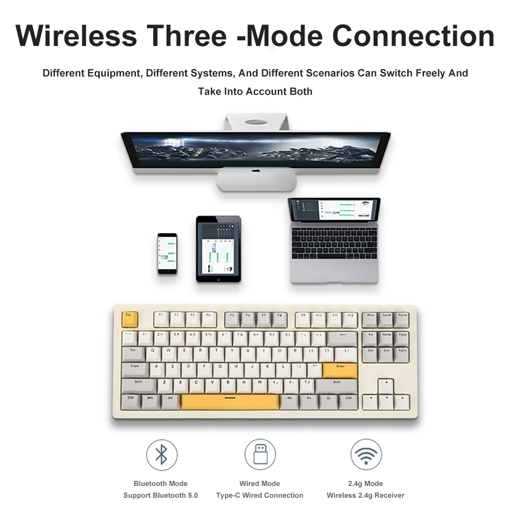Ajazz AKC087 TKL Mekanikal Keyboard Bluetooth 5.0/2.4G Wireless & Type-C Wired Hotswap Keyboard for Gamers/Mac/Win image 5
