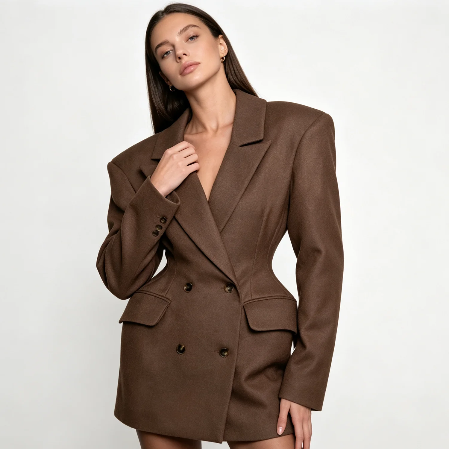 PUAL 2026 Women Blazer Dress, Padded Shoulder Double-Breasted Tailored Waist Design, for Parties Office Dating Events