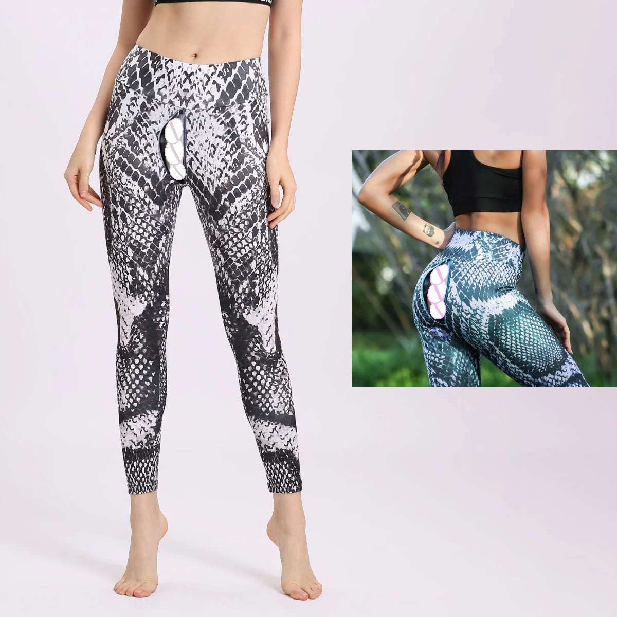 Summer Yoga Open Crotch Outdoor Sex Pants Python Print Sexy Leggings Women Peach Hip Push up High Waist Tights Casual Trousers