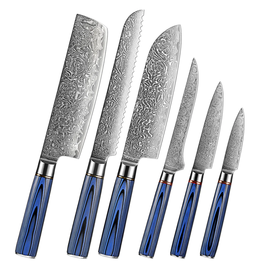 1-6PCS Kitchen Knives Set Damascus Steel Rose Pattern Santoku,Cleaver,Paring,Bread ,Boning Kinfe Cooking Knives Blue G10 Handle