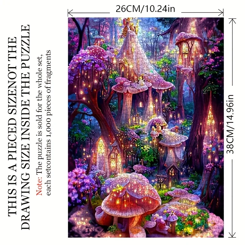 Rompecabezas de bosque encantado de 1000 piezas para adultos: escena mágica de setas y linternas con linternas brillantes, portátil duradero D