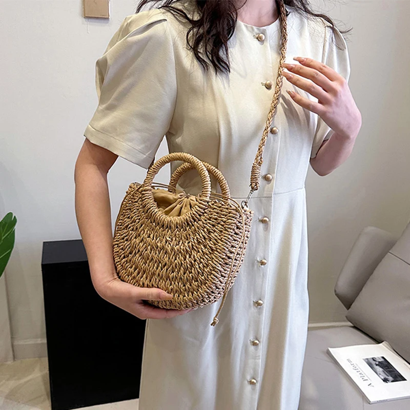 2026 NEUE Sommer Damen Handgefertigte Gewebte Stroh-Rattan Halbmond-Strandtasche Große Kapazität Hohle Crossbody Schultertasche – Detail 18
