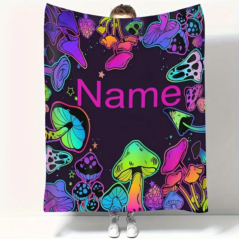 Mushroom custom blanket personalized design with your own name, text, colorful mushroom pattern custom blanket printing blanket