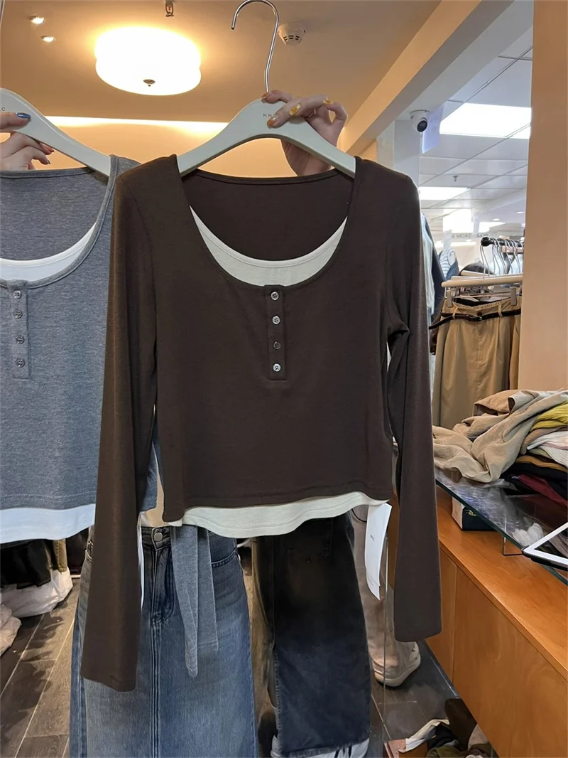 Slim Fit Long Sleeve T-Shirt Women's Base Layer Shirt Youthful Top Korean Style Button Detail round Neck Cotton Blend
