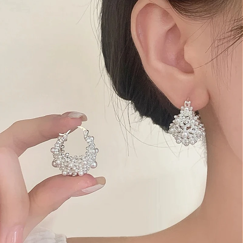 

925 Sterling Silver Chic 18K Gold Full Pearl Flower Basket Hoop Earring for Women Trendy Fine Jewelry Geometric Accessories