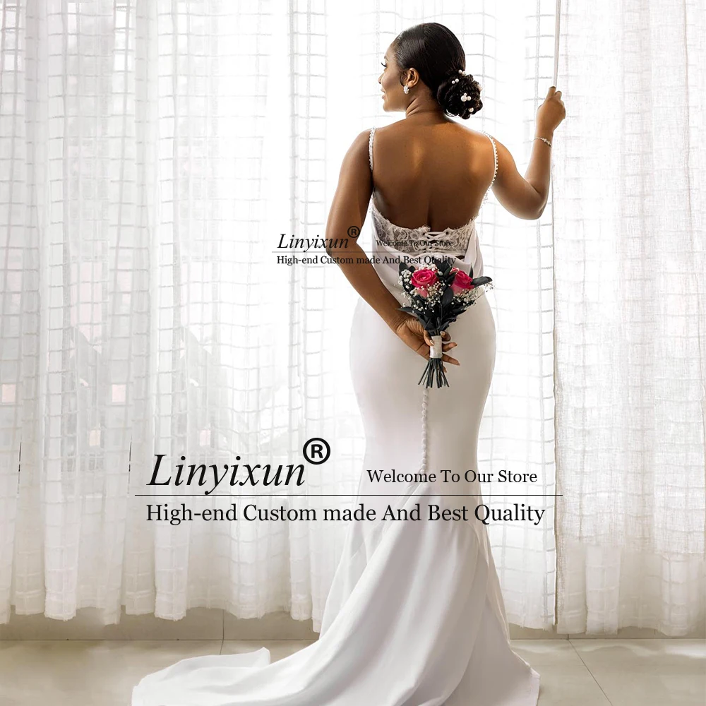 Robes de mariée élégantes à perles africaines, bretelles Spaghetti, style sirène, personnalisées, sans manches, 2025