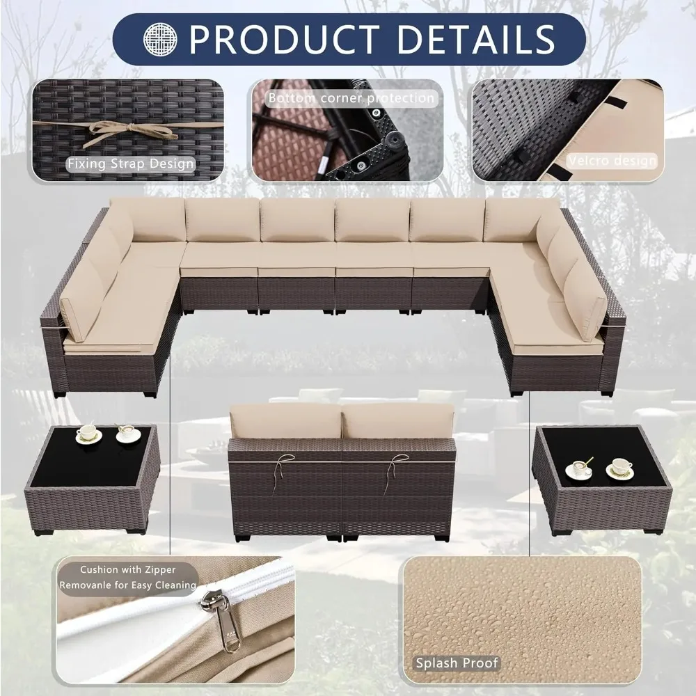 Outdoor Patio Furniture Set, 14 Pieces Sectional Sofa, PE Rattan Patio Conversation Set with Tempered Glass Top Table & Cushions