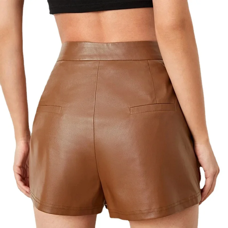 Women's Fashion Asymmetrical Shorts Skirts Vintage Faux Leather High Waist Female Solid Outer Wear Casual Wide-leg Skort Mujer