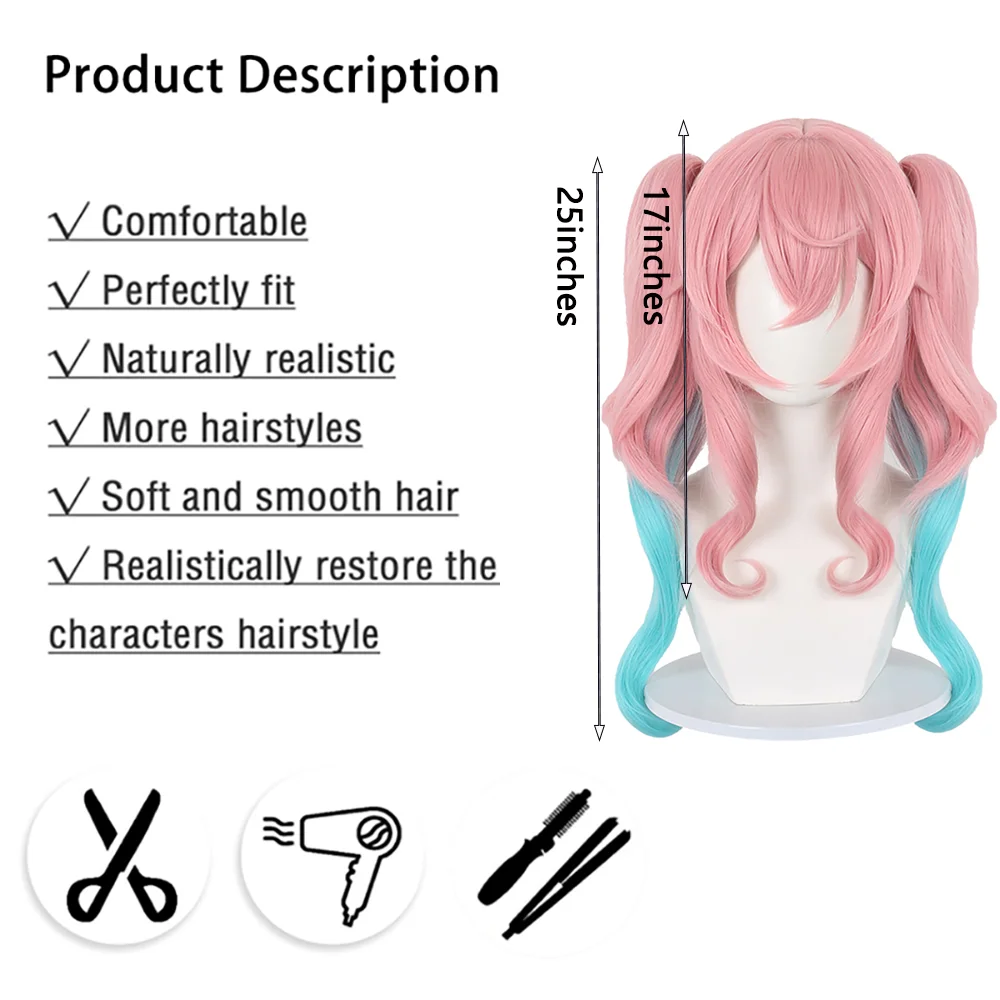 Hyacine Cosplay Wig Pink Blue Gradient Pigtails Long Curly Anime Heat Resistant Fiber Synthetic Wigs For Halloween Party Costume