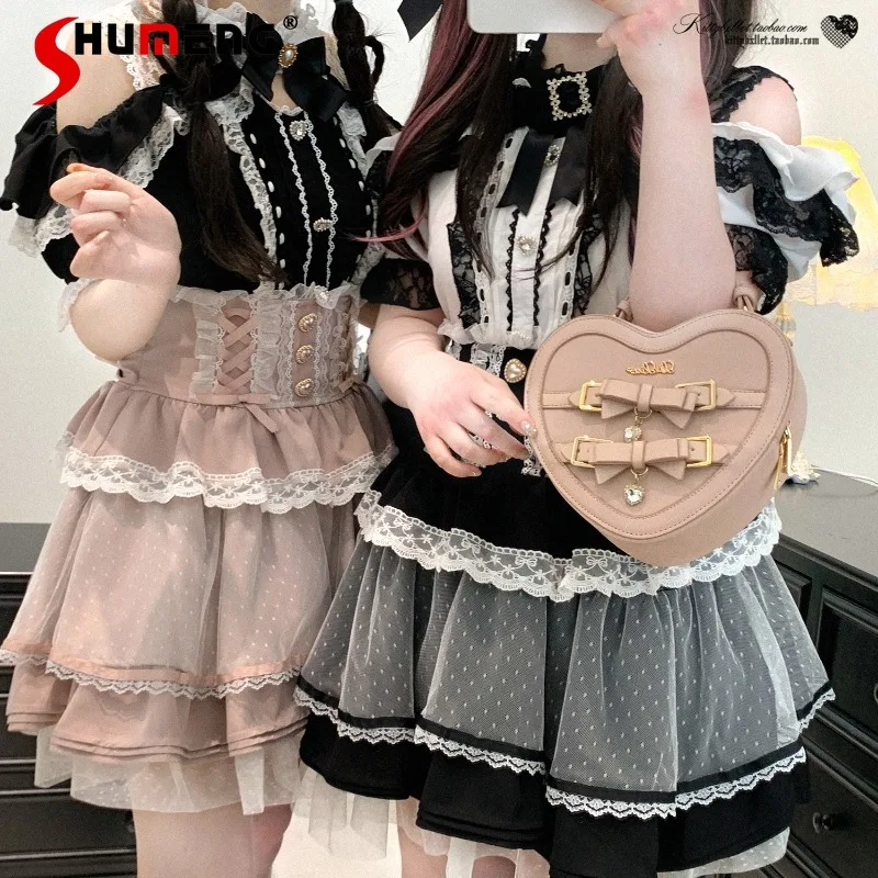 

Japanese Original Lolita Style Beaded Mesh Layered Lace-Up Puffy Short Skirt Women's High-waisted Slim Fit Bluey2k Mini Skirts