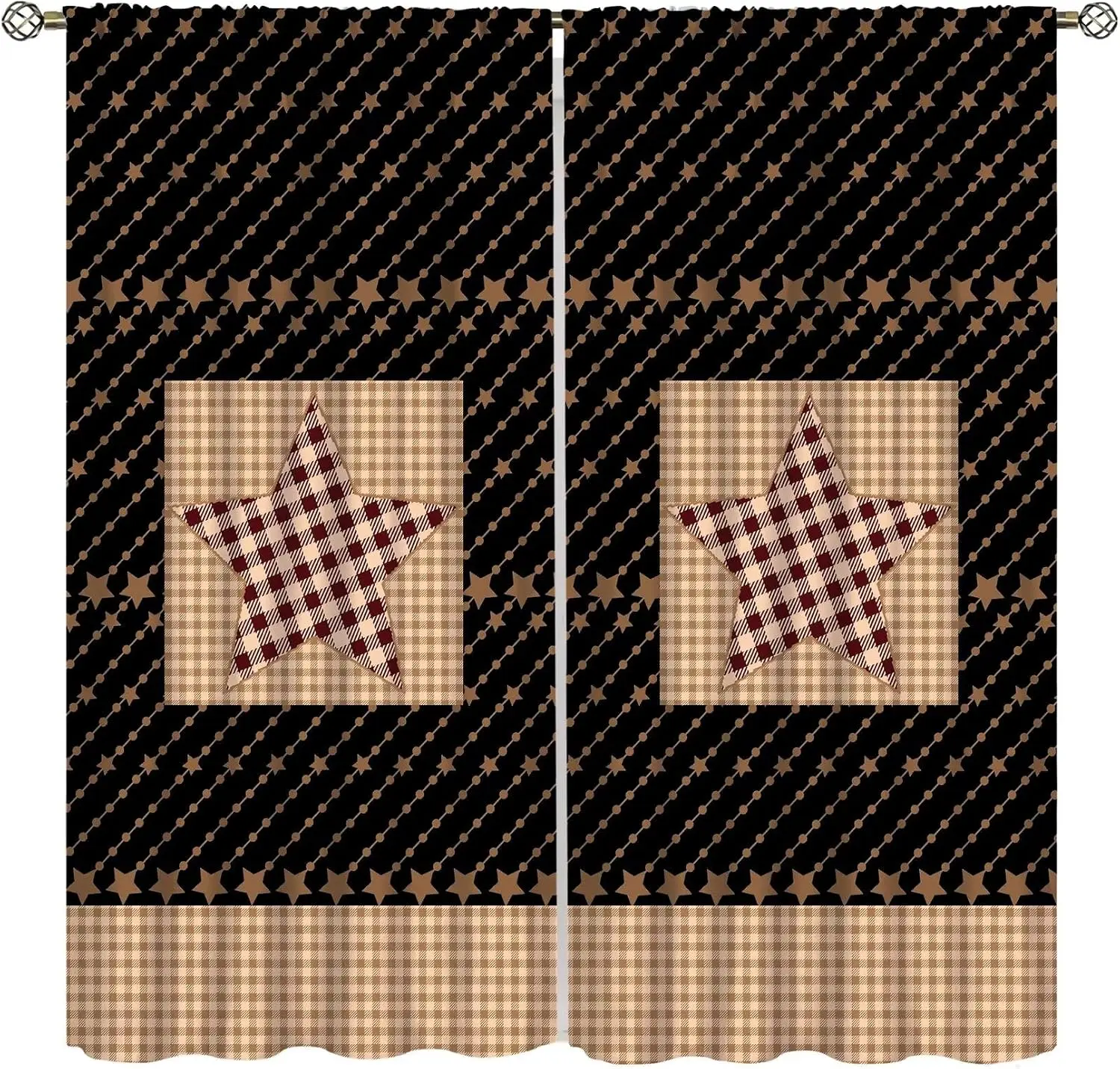 Cortina de patchwork con estrellas primitivas, 2 paneles, diseño a cuadros con bloques de color y estampado de pequeñas estrellas, estilo rústico vintage, para decoración del hogar y dormitorio