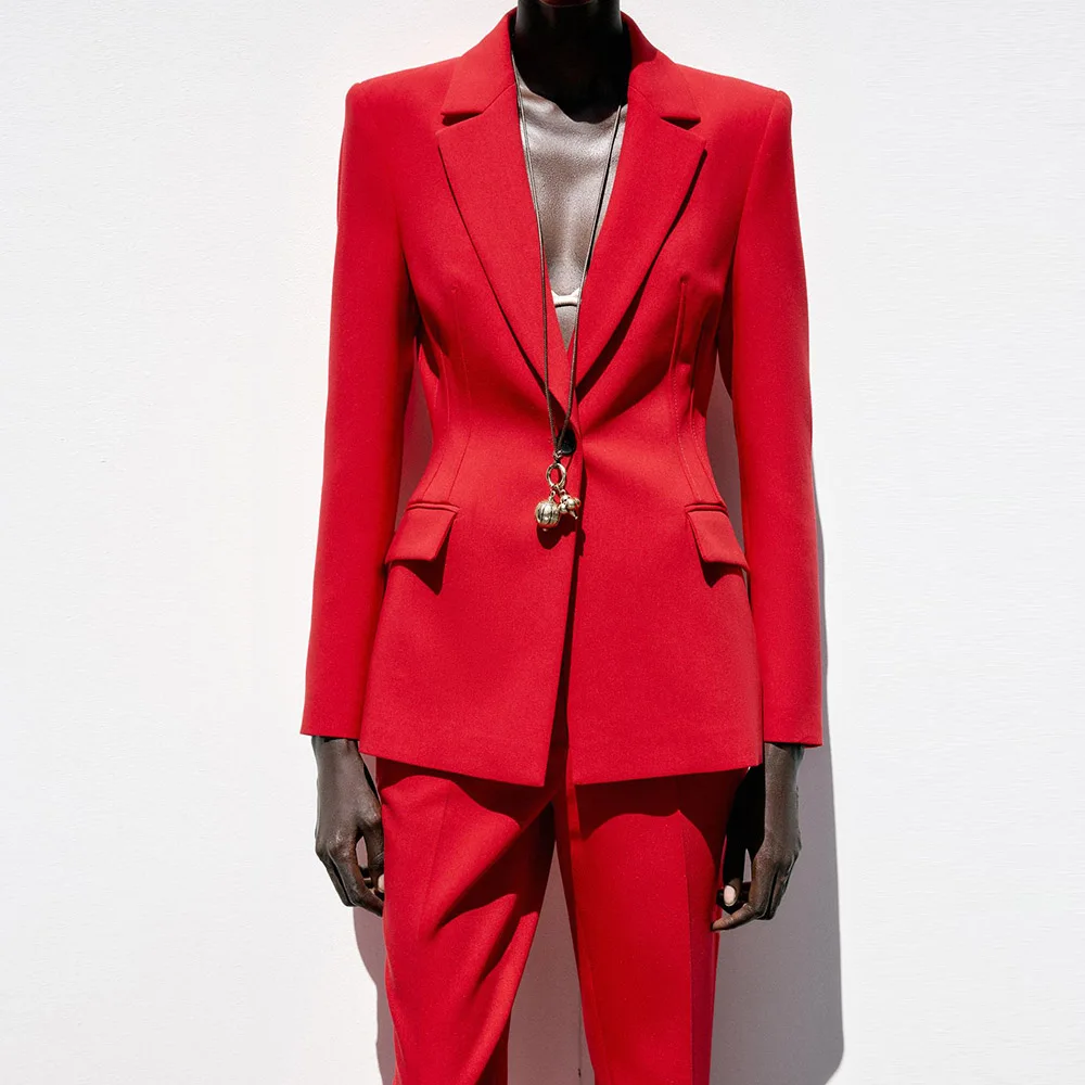 우아한 레드 여성 투피스 수트 세트 원버튼 슬림 재킷 스트레이트 팬츠 세트 오피스 비즈니스 연회 여성 의류