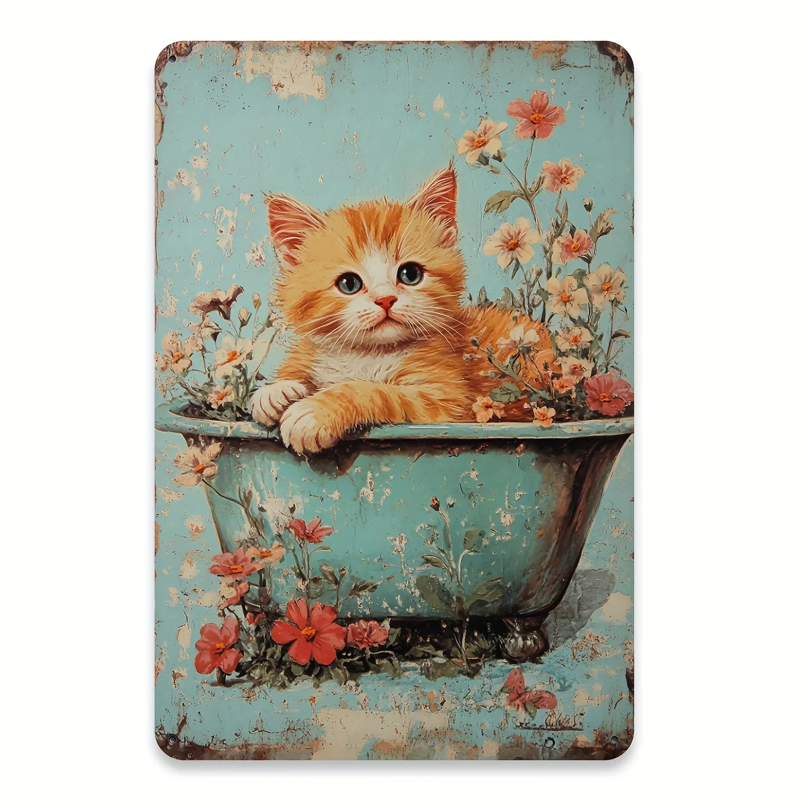 Vintage Kitten Metal Wall Art in a Bathtub - Humorous Tin Sign Suitable for Cafe, Home, Bar, Garden Decoration, Featuring an Orange Cat with Green Eyes