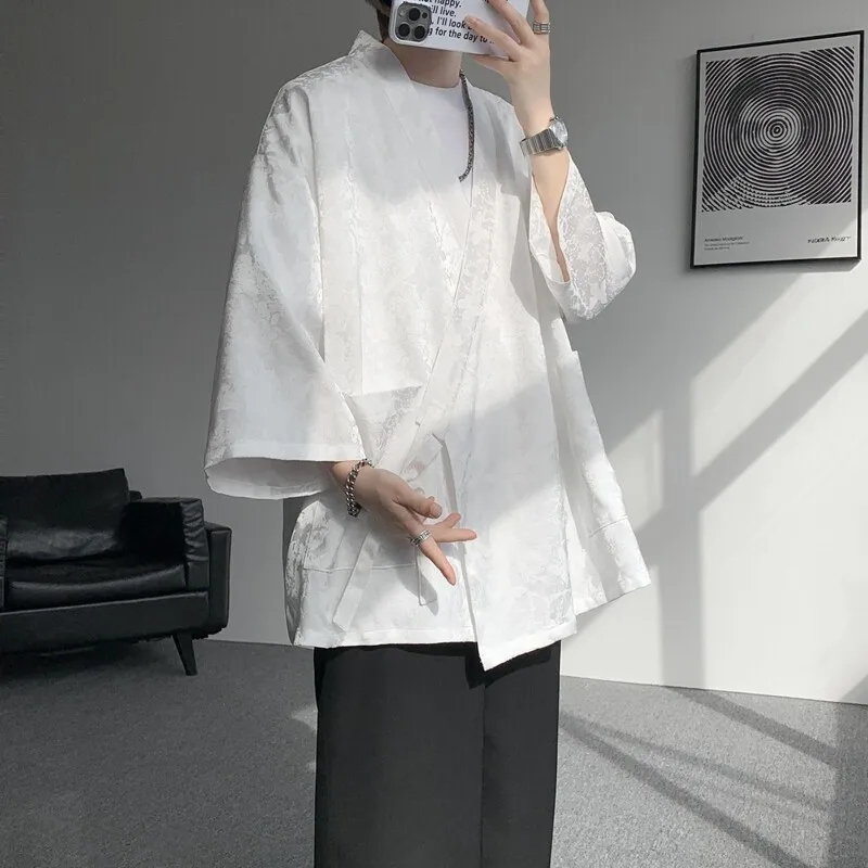 Men's Jacquard Samurai Cardigan, Lightweight Cover-Up, Asian-Inspired Boho Loungewear, Trendy, Summer, Plus Size, M-5XL