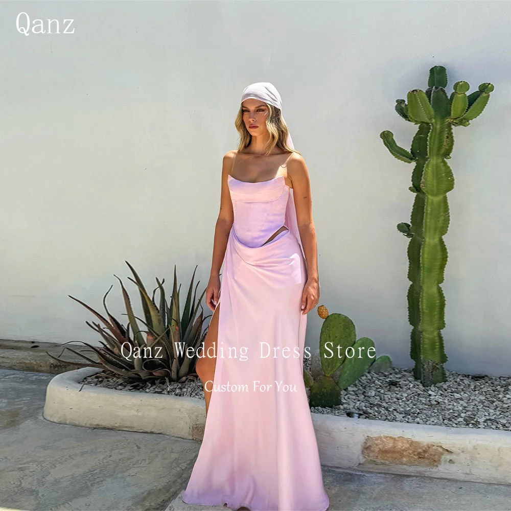

Qanz Elegant Pink Evening Dresses Woman Elegant Mermaid Satin Vestidos De Festa High Slit Slit Robe De Soirée Customized
