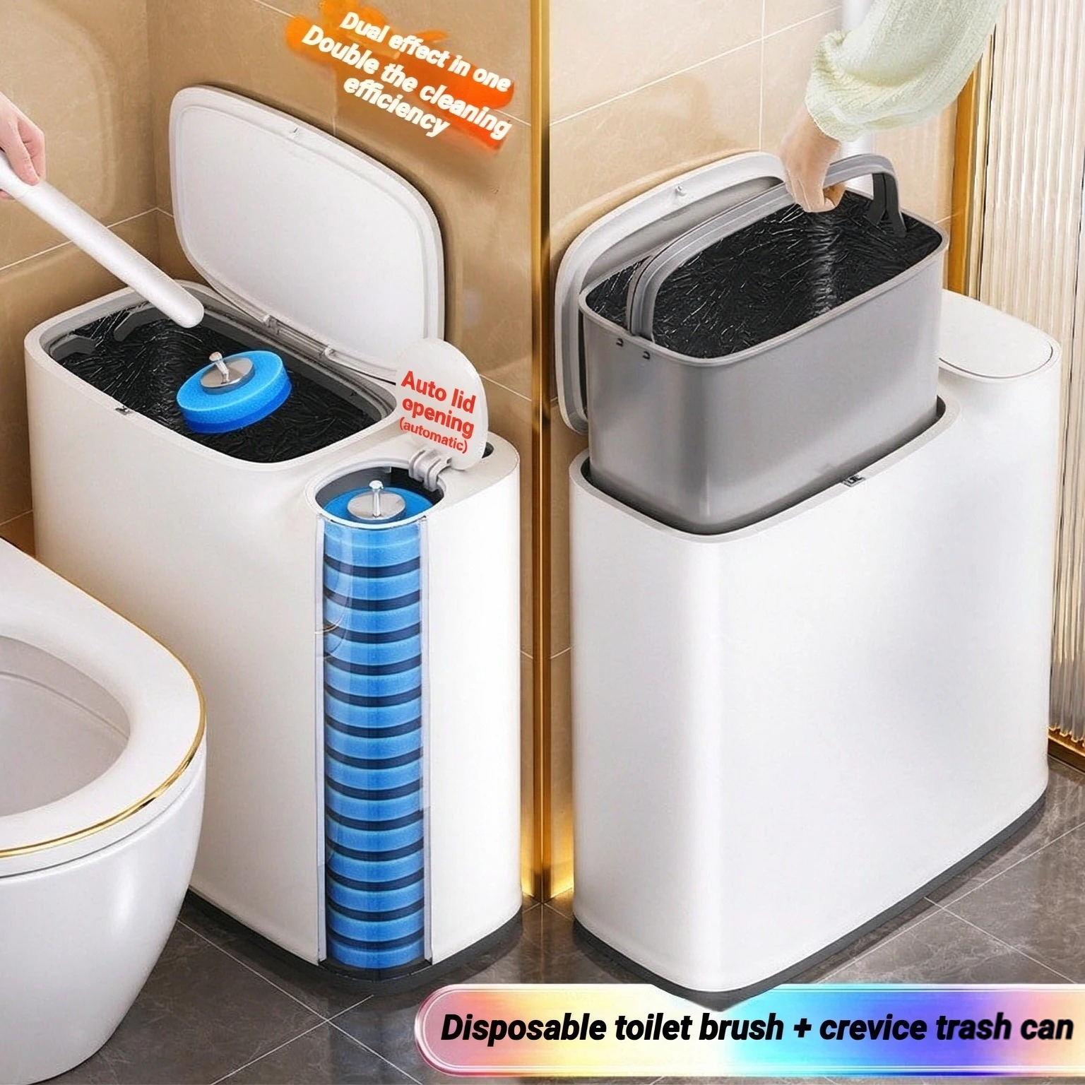 Joybos Toilet Brush Trash Can 2-in-1 Combo Set 360° Rotating Antibacterial Brush Press Lid Narrow Space Saving Bathroom Home