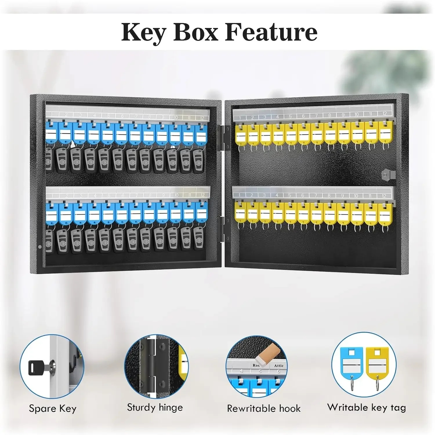 WeHere 48 Key Safe Box,Key Unlock, Key Cabinet Wall Mount with Key Tag Label,Car and House Key Lock Box,App Key Directory ERP