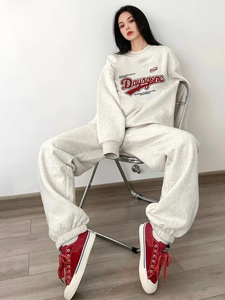 American Hoodie Set For Women Casual Sporty Print Tracksuit 2025 Winter Loose Hoodies Ankle-Length Sweatpants Girl Two-Piece Set