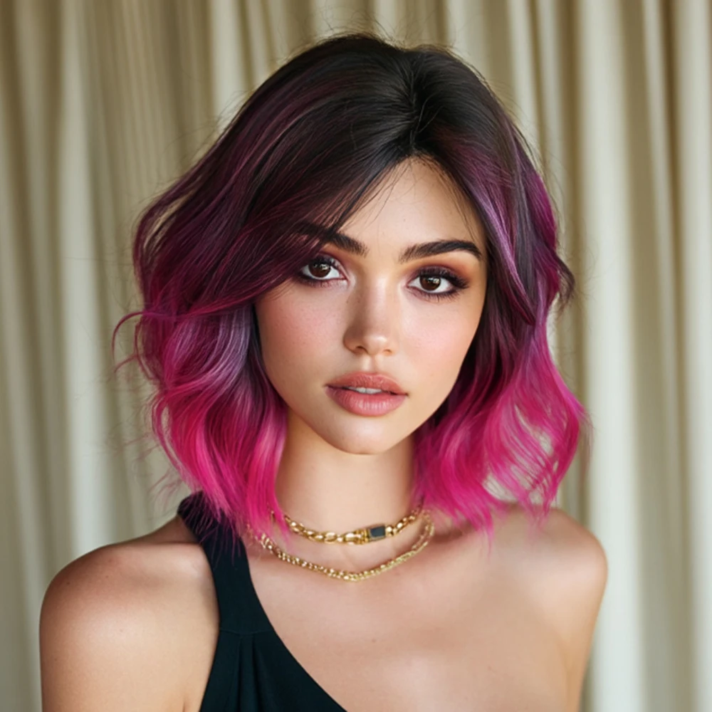 NAMM New Fashion Short Wavy Rose Pink Wig Dark Roots Natural Looking High Quality Fiber Synthetic Wig for Women Daily Party Use