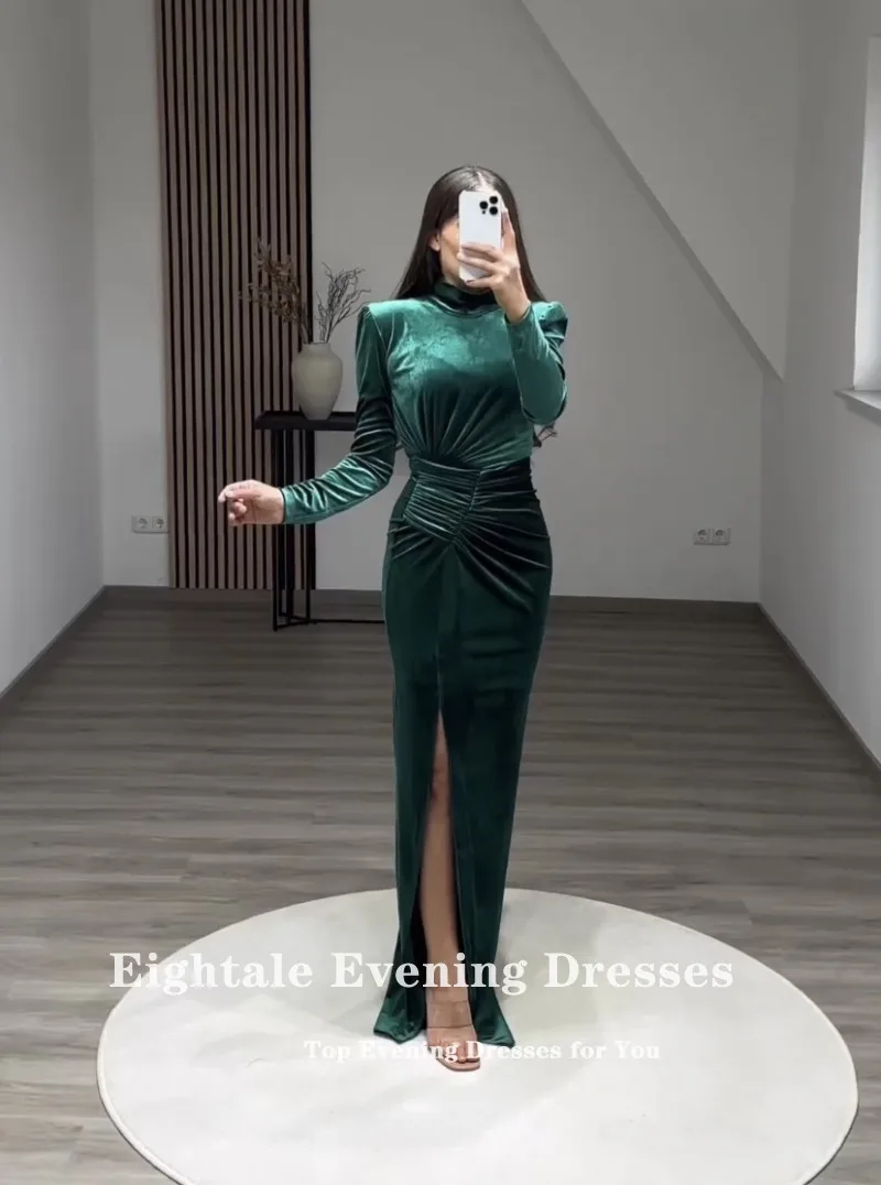 Eightale Emerald Green Evening Dress Arabic Customized Prom Gown Long Sleeves Muslim Velvet Mermaid Wedding Party Dress