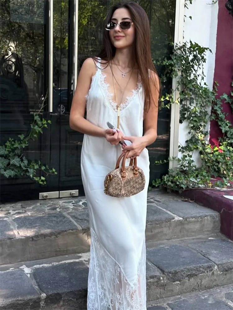 

Tossy V-Neck Lace Patchwork Long Dress For Women Sleeveless Printed Slim High Waist Elegant Party Dress Female Autumn Maxi Dress