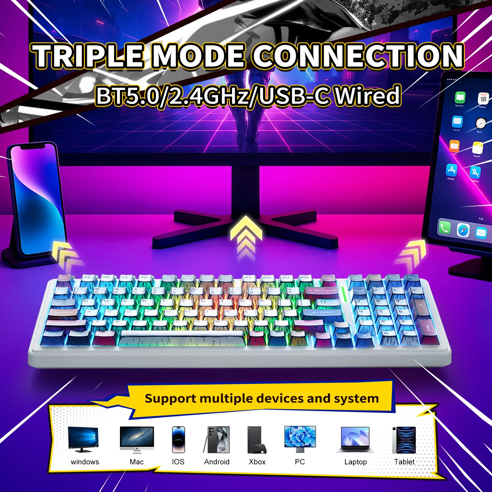 New AULA F75/F99 Pro Gaming Mechanical Keyboard PBT Comic Keycaps RGB Backlight Hot Plug Customized Keyboard for Office