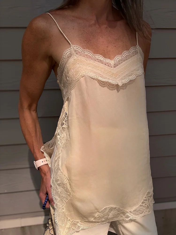 HH Female 2025 Summer Fashion V-neck Lace Spliced Split Sling Top Women Chic Sexy Backless Party Style Casual Camisole Top image 6