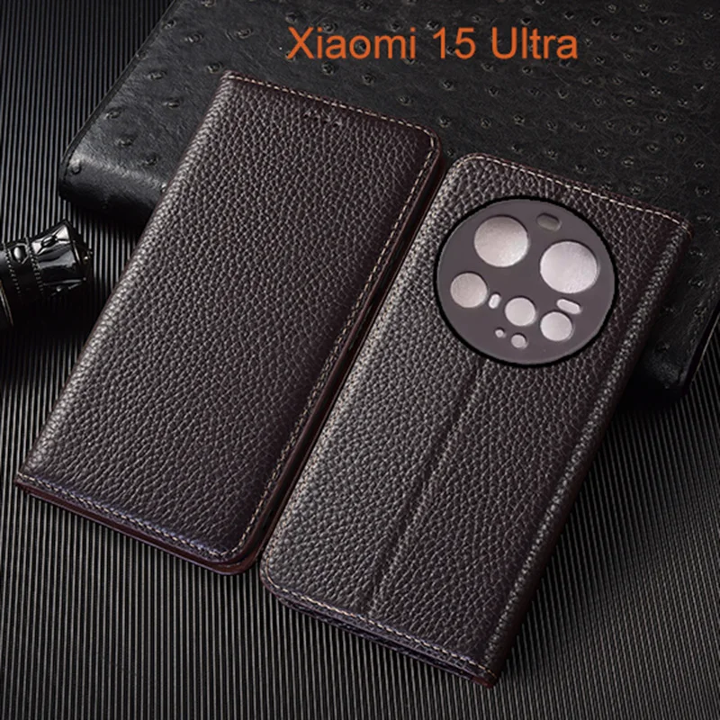 

Genuine Leather Flip Case For Xiaomi 15 Ultra Phone Cover Card Cases Litchi Pattern Handmade