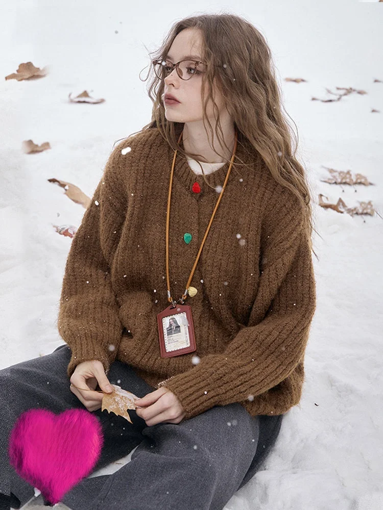 

Thiened Lazy Sle Women's Cardigan Sweater Post-Class Retro Twisted Flower ELFSA Polyester Nylon Wool Blend Long Sve