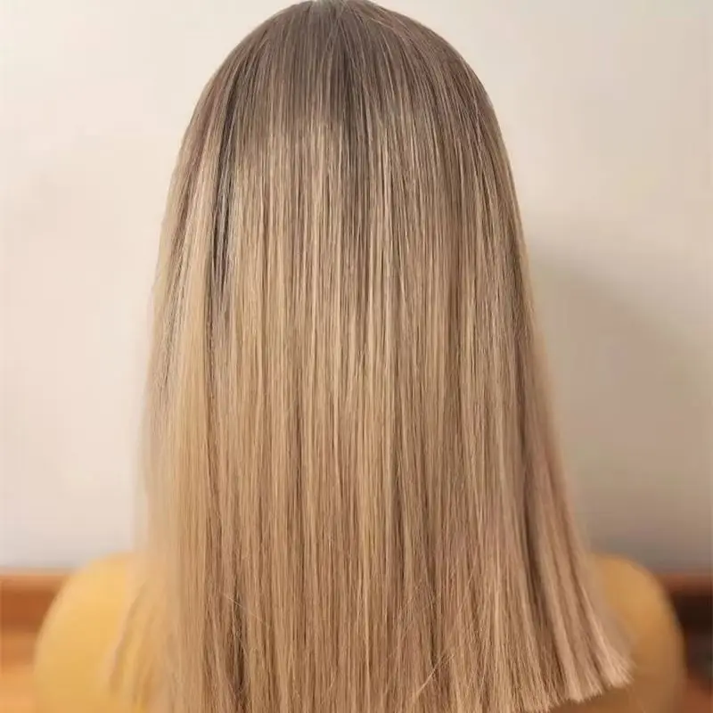 Peluca de cabello humano 100% liso con flequillo para mujer, pelo corto Bob con malla frontal, color rubio ceniza degradado, sin pegamento