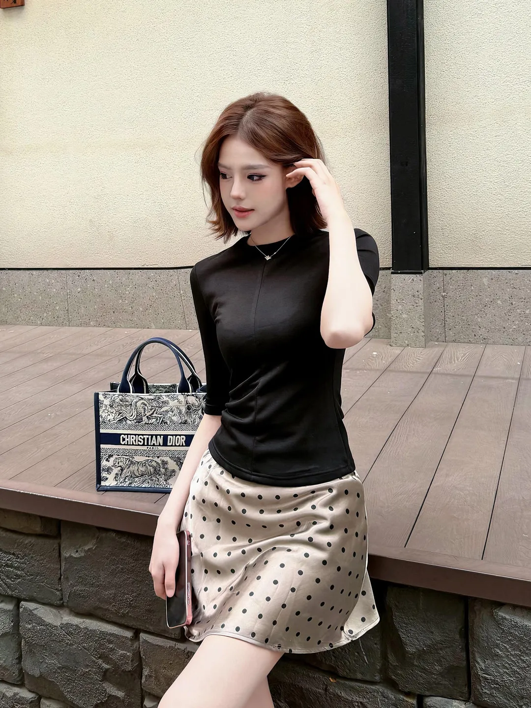 

Slimming Black T-Shirt Women's Summer Fashionable Midi Skirt Set Polka Dot Half Sleeve round Neck High Waist Elegant Style