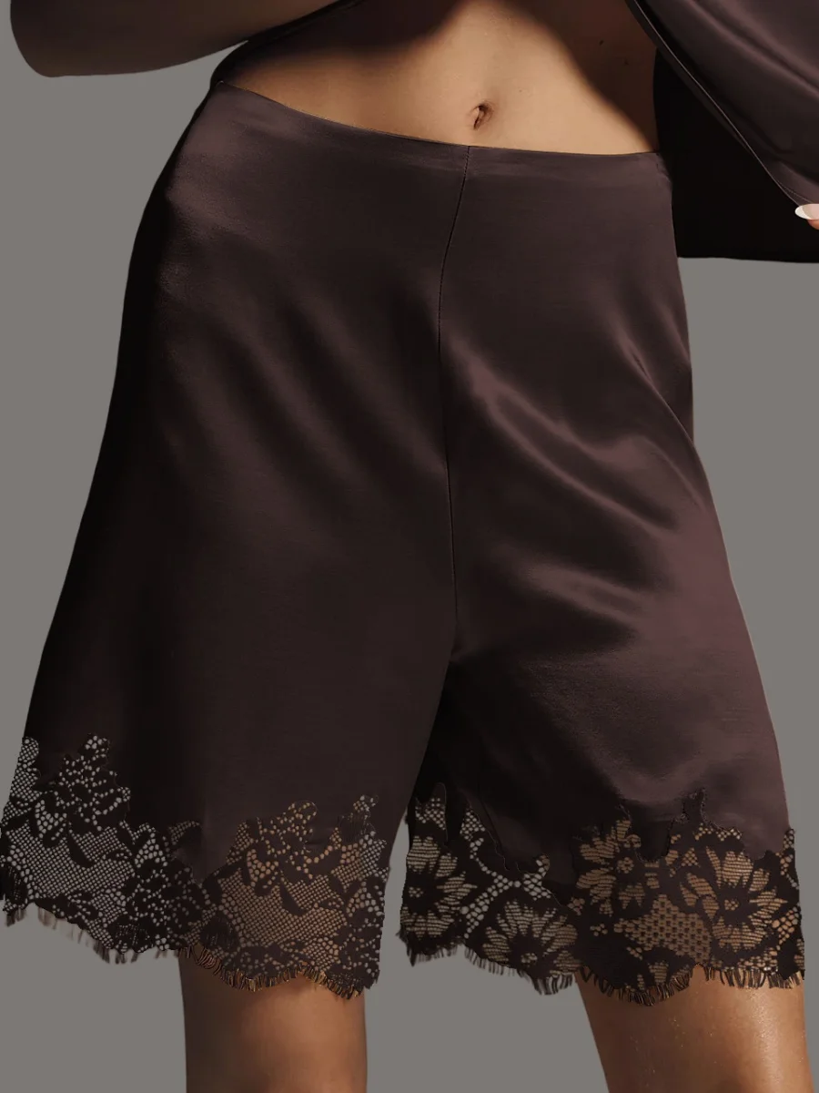 レーストリムワイドレッグショーツレディース Y2k ヴィンテージサテンシルクパッチワークエレガントカジュアルホーム快適な睡眠パンツショーツ