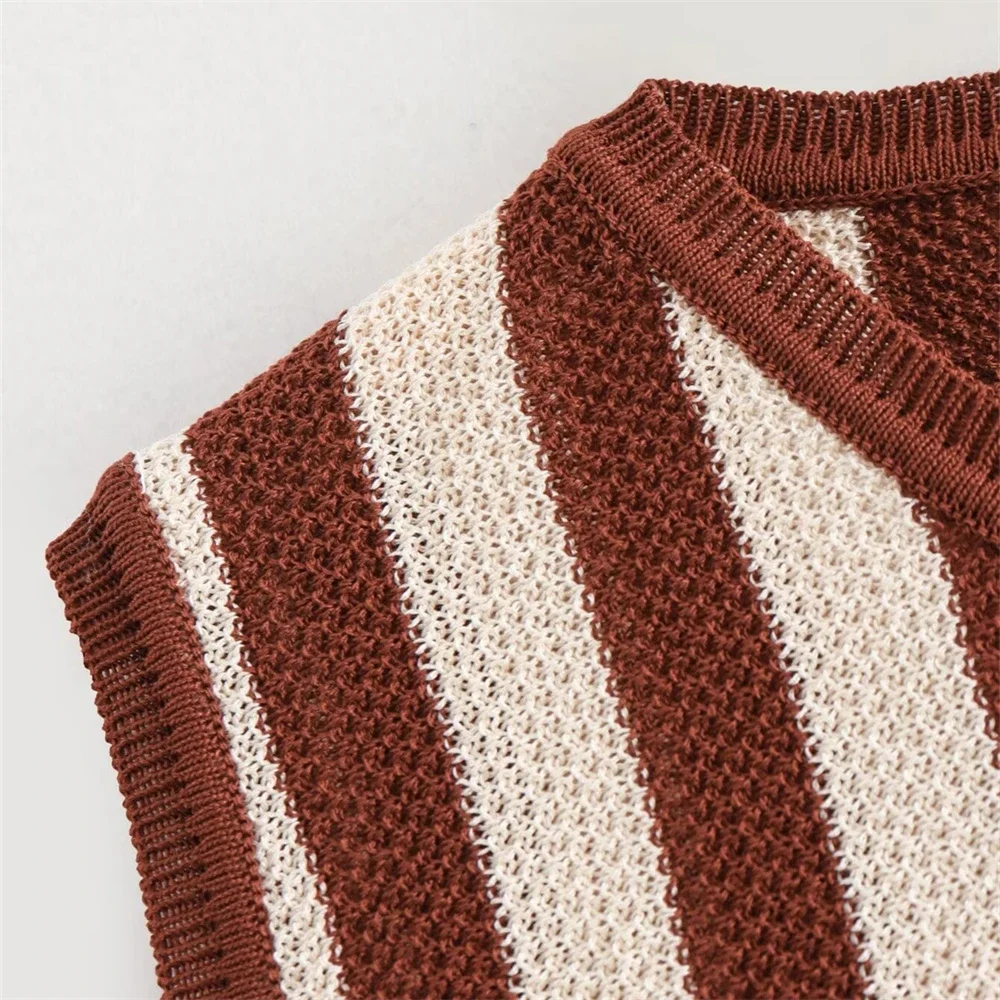 Elegant Knitted Striped Vest Pant Sets Women O-neck Sleeveless Crop Tops High Waist Pants Suit 2024 Summer Casual Lady Outfits 