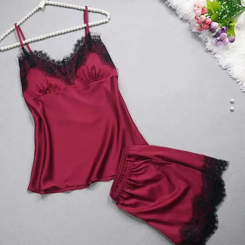 Women\'s Halter Pajamas 2 PCS Camisole And Shorts Home Wear Red Black Sexy Lace S M Ventilate Comfort