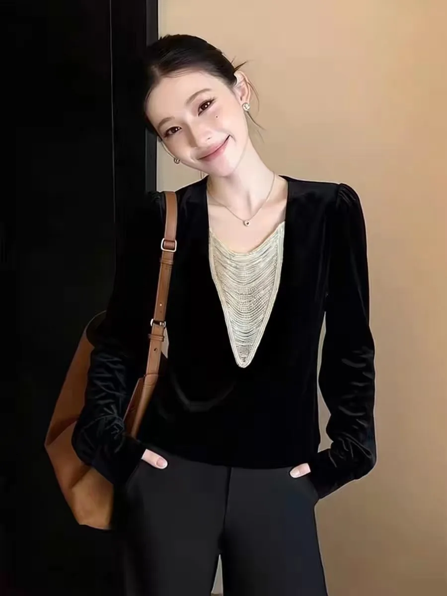 

Bla Velvet Beaded Chain irt Women's Heavy Embelliment Spring New Sle Casual Loose Fit Long Sve Age-defng Top