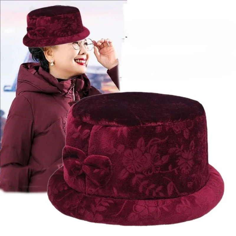 1 x eleganter Damen-Eimerhut mit Blumenmuster und Schmetterlingsschnalle, leicht und warm, ideales Muttertagsgeschenk, Wintermütze – Detail 2