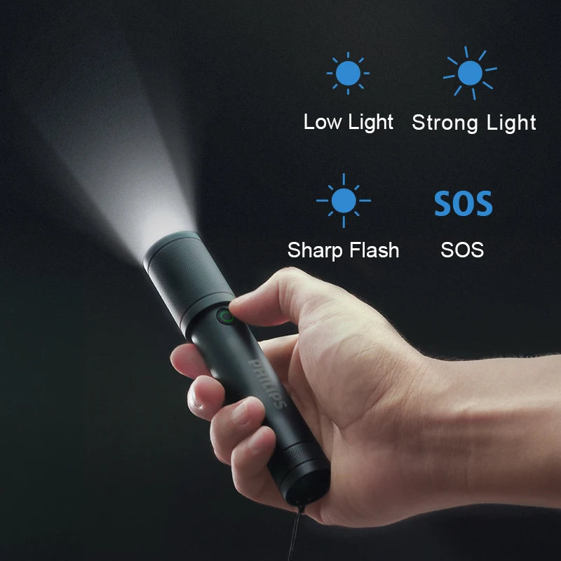 Philips LED Flashlight With USB 18650 Rechargeable Battery 4 Lighting Modes Waterproof Outdoor Camping Self Defense Flashlights